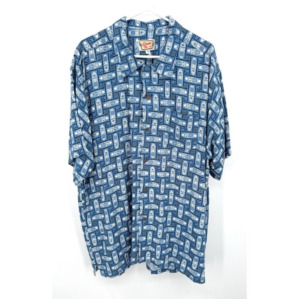 Atomic Tiki 2XB Hawaiian Camp Shirt Men's Blue Surf Wooden Buttons Short Sleeve‎